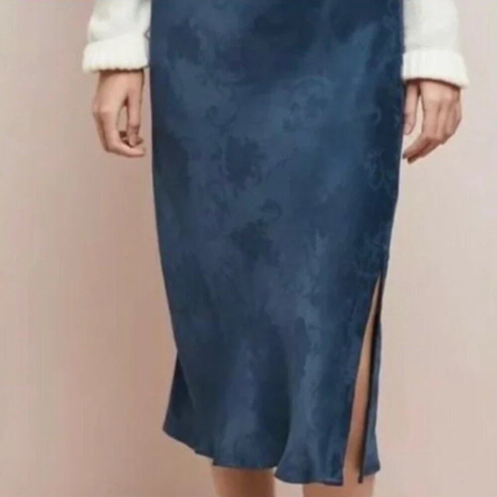 Anthropologie Navy Blue Jacquard Midi Skirt with Side Slit